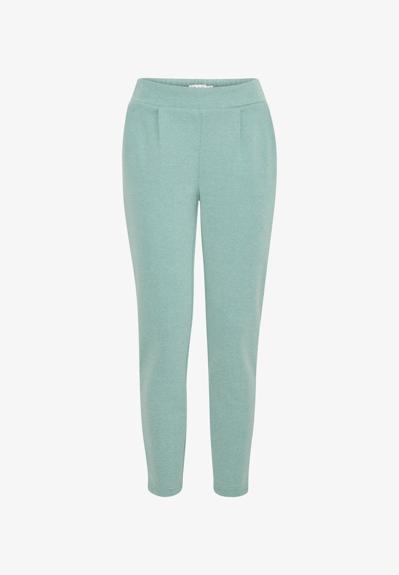 Pantalones de tela elástica de color verde claro, con una textura suave, que cuentan con una cintura ancha y dos pliegues frontales para un detalle adicional.