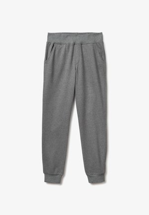 Pantalon de jogging gris en mélange de coton doux, avec une taille élastique, deux poches latérales et des poignets fuselés. Pas de motifs ni d'accents visibles.
