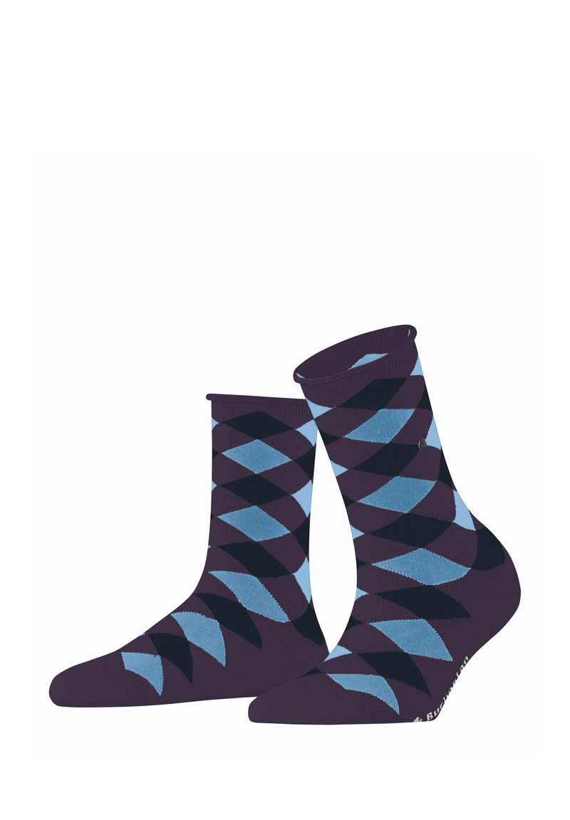 Lila Socken mit einem Diamantmuster in Hellblau und Schwarz. Hergestellt aus einem weichen Material mit einem gerippten Bund oben.