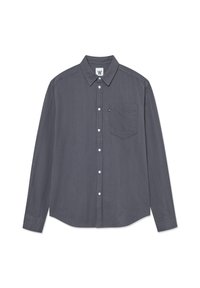 Gray long-sleeve shirt with a button-down collar, front pocket, and subtle ribbed texture. Features buttons down the front and cuffs.