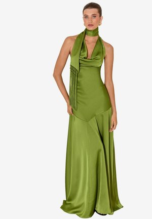 Lipsy, SATIN FRINGE SCARF COWL NECK FIT AND FLARE MAXI DRESS - Gallakjole - olive green