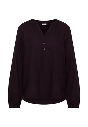 Černá dlouhý rukáv halenka s výstřihem do V, zapínáním na tři knoflíky, elastickými manžetami a volnějším střihem. Hladká, lehká látka.