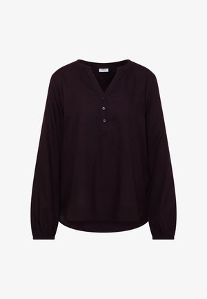 Blouse noire à manches longues avec col en V, fermeture à trois boutons, poignets élastiqués et coupe décontractée. Tissu lisse et léger.