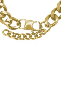 Goldfarbene Metallkettencollier mit großen, ineinander greifenden Gliedern und einem Karabinerverschluss. Besitzt eine glatte, glänzende Oberfläche und ein flaches Design.
