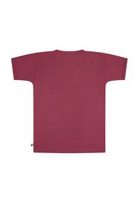 Bordeaux katoenen T-shirt met een ronde hals en korte mouwen, voorzien van een recht model en een klein kleurrijk label aan de zoom.
