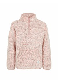 Flauschiger pinker Fleece-Pullover mit einem halben Reißverschlusskragen, Kängurutasche und gestickten Saumdetails. Weicher, strukturierter Außenstoff.