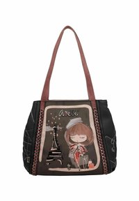 Sac fourre-tout noir et marron avec un design graphique représentant une fille et la Tour Eiffel, mettant en avant des accents roses, un détail tressé sur les côtés et des poignées doubles.