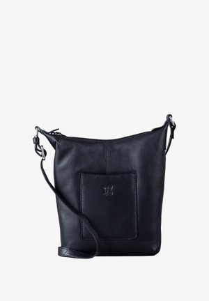 Black leather crossbody bag with a smooth texture, zip closure, and a front pocket with embossed logo detail. Adjustable strap included.