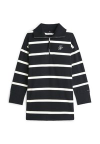 Zilā un baltā svītrainā garroku polo krekls ar rāvējslēdzēja apkakli un izšūtu logotipu kreisajā krūtīs. Kokvilnas maisījums, brīvs piegriezums, ribota aproce.