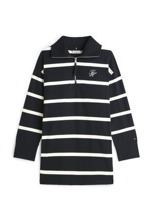 Polo de manga larga a rayas en azul marino y blanco con cuello con cremallera y logo bordado en el pecho izquierdo. Mezcla de algodón, corte relajado, puños acanalados.