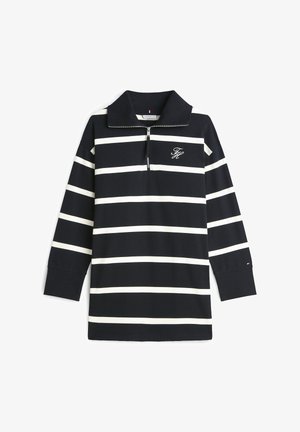 Polo de manga larga a rayas en azul marino y blanco con cuello con cremallera y logo bordado en el pecho izquierdo. Mezcla de algodón, corte relajado, puños acanalados.