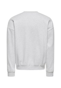 Un sweat gris, fabriqué en un mélange de coton doux, présente une coupe décontractée, un col rond et des poignets et un ourlet côtelés. Vue arrière seulement.