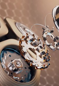 Componenti meccanici con ingranaggi metallici e forme circolari in bronzo e argento, posizionati su uno sfondo beige texturizzato.