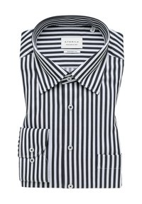 Camicia a righe bianche e nere, con colletto a punta, chiusura frontale con bottoni e taschino sul petto, dal design classico e comodo.