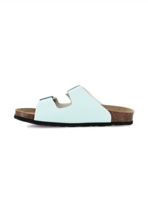 Sandal blu chiaro slip-on con due cinghie, soletta in sughero e suola in gomma nera. Caratterizzato da un design con ritagli e una texture liscia.