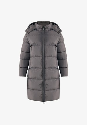 Piumino grigio con motivo trapuntato orizzontale, maniche lunghe, chiusura frontale con zip e cappuccio regolabile. Finitura in tessuto liscia e lucida.