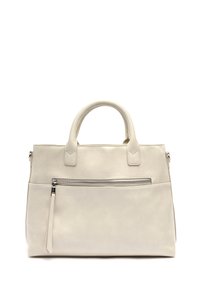 Biała skórzana torebka z dwoma uchwytami u góry, przednią przegródką na zamek błyskawiczny i gładką teksturą. Charakteryzuje się minimalistycznym designem i usztywnionym kształtem.