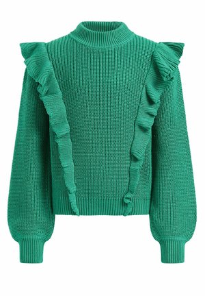 Maglione verde lavorato a maglia con collo alto, maniche lunghe a sbuffo e dettagli con volant che si estendono diagonalmente sul davanti.