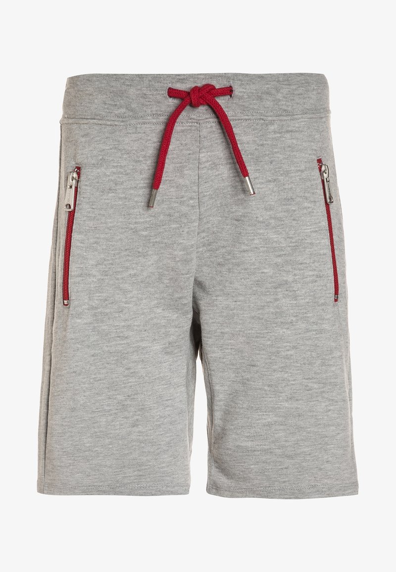 Szare bawełniane szorty z elastycznym paskiem w czerwonym kolorze, z dwoma bocznymi kieszeniami na zamek i miękką fakturą.
