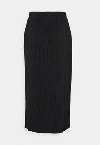 Jupe midi noire à plis verticaux avec une ceinture élastique, présentée à plat sur un fond blanc.