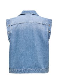 Lyseblå denimvest uden ærmer med krave og metalknapper på skuldersømmene, vist bagfra.