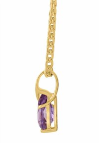 Kuldne kett-kaelakee, millel ripats keerutatud disainiga, sees facetteeritud lillaka vääriskiviga kuldse raami sees.