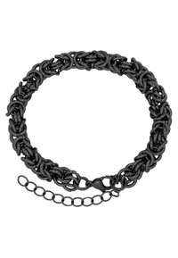 Bracciale a catena nera con anelli intrecciati, texture liscia e catena di estensione per una misura regolabile.