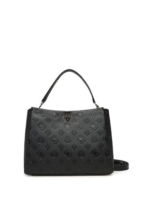 Borsa nera con texture, con motivi a logo in rilievo, design strutturato, manico superiore e tracolla rimovibile. Accento del logo a forma di triangolo sul davanti.