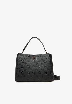 Sac à main noir texturé avec des motifs de logo en relief, design structuré, poignée supérieure et bandoulière amovible. Accent en forme de triangle à l'avant.