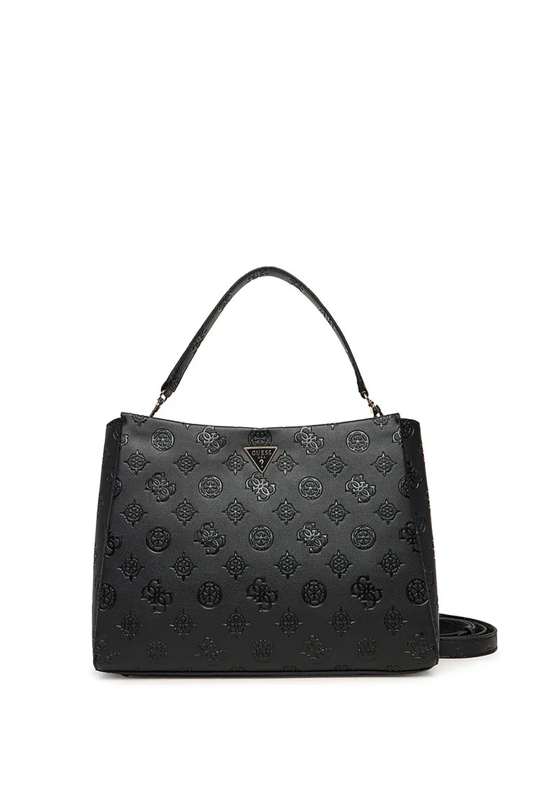 Borsa nera con texture, con motivi a logo in rilievo, design strutturato, manico superiore e tracolla rimovibile. Accento del logo a forma di triangolo sul davanti.