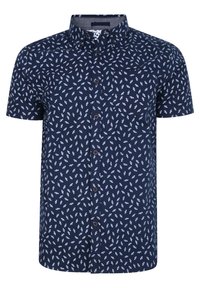 Korte mouw knoopsluiting overhemd in marineblauw met een wit bladerenpatroon en bruine knopen, voorzien van een traditionele kraag en een soepele textuur.