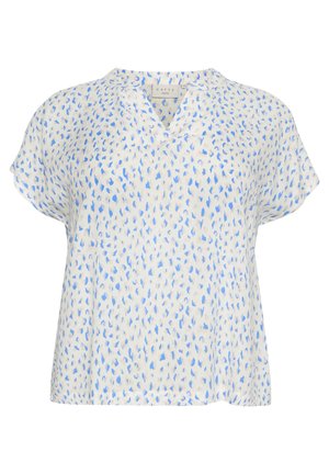 Witte blouse met korte mouwen en blauw abstract patroon, V-hals en een losse pasvorm. Gemaakt van lichte stof voor ademend vermogen.