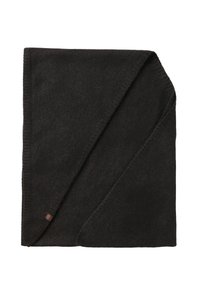 Dark brown wool blanket with a folded corner, featuring a smooth texture and a small leather tag on the edge for branding.