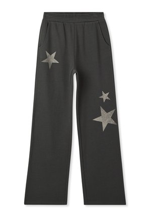 Pantaloni della tuta grigi scuri realizzati in tessuto morbido con una vestibilità a gamba larga. Caratterizzati da tre stelle argentate glitterate sul lato sinistro e tasche.