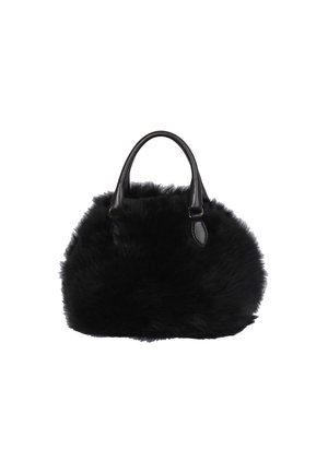 Schwarze Kunstfell-Handtasche mit runder Form, stabilen Ledergriffen und einer weich strukturierten Oberfläche. Keine sichtbaren Verzierungen oder Muster.