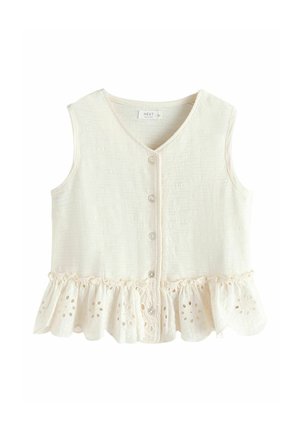 Ärmelloses cremefarbenes Top mit Knopfleiste, V-Ausschnitt und gerafftem Saum mit Lochstickerei in Blumenmuster.
