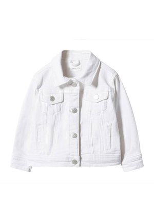 Biała kurtka jeansowa z srebrnymi guzikami, dwoma kieszeniami na klatce piersiowej z patkami, kieszeniami bocznymi z rozcięciami oraz klasycznym kołnierzem.