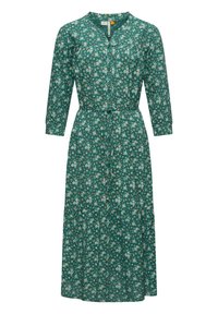 Zelené květinové šaty s knoflíkovou přední částí, tříčtvrtečními rukávy, elastickým pasem a vrstvenou sukní. Vzor obsahuje malé bílé a oranžové květy.