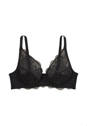 Soutien-gorge en dentelle noire avec un motif floral, armatures, bretelles ajustables et fermeture à crochets au dos. Tissu doux avec une dentelle détaillée.