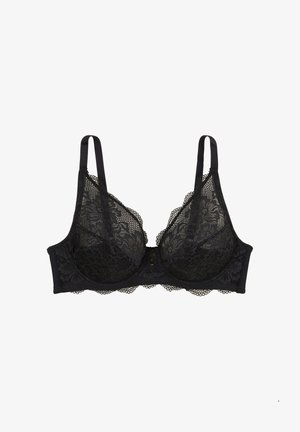 Soutien-gorge en dentelle noire avec un motif floral, armatures, bretelles ajustables et fermeture à crochets au dos. Tissu doux avec une dentelle détaillée.