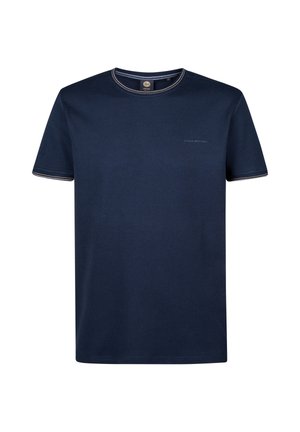 Cămașă scurtă cu mânecă, de culoare albastru marin, realizată dintr-un material texturat; are un guler rotund cu un tiv contrastant și un mic logo pe față.