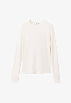 Tricou alb cu mâneci lungi, confecționat dintr-un material moale, cu textura nervurată. Prezintă un guler clasic rotund și tiv drept. Nu are modele sau decorațiuni.