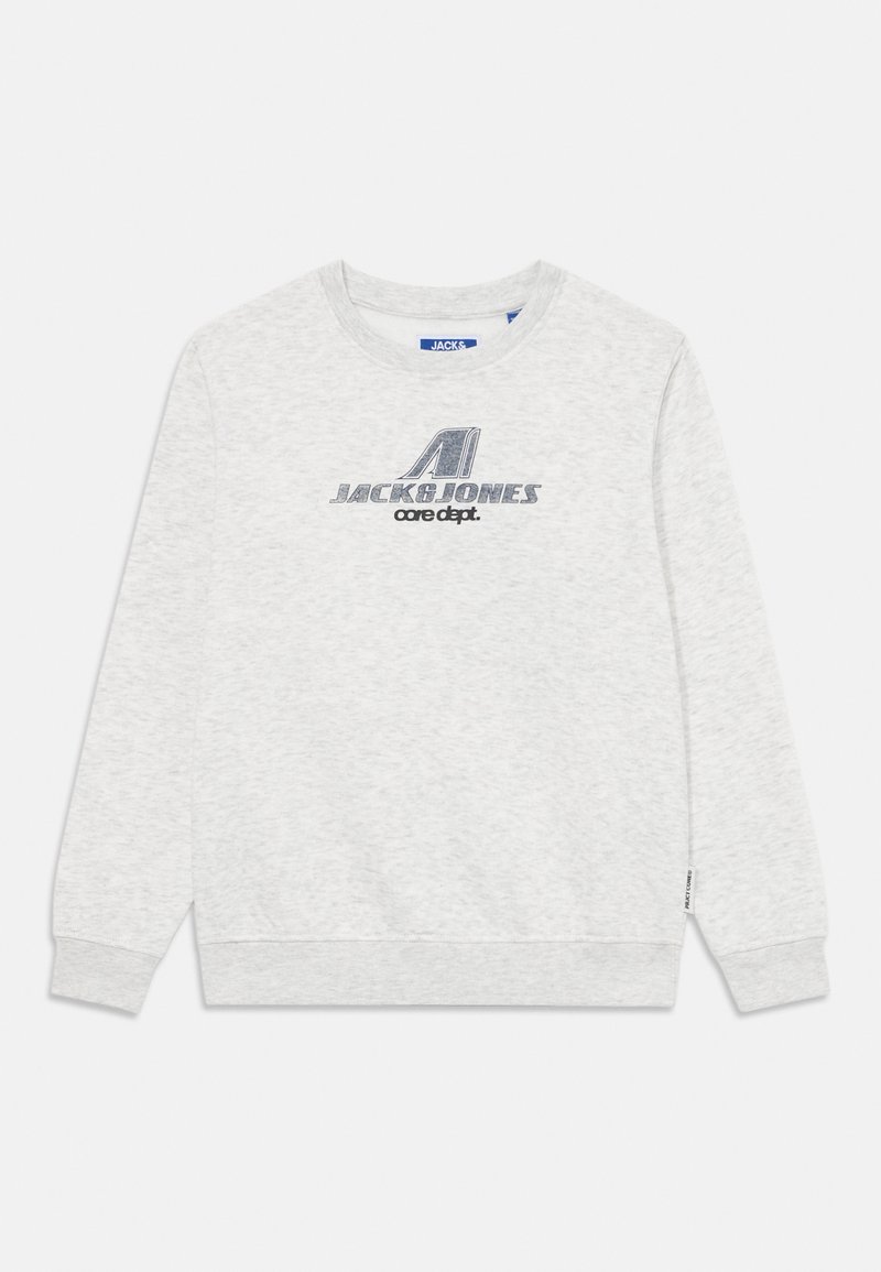Sudadera gris claro hecha de una tela suave, con cuello redondo, mangas largas y un logo impreso en la parte frontal en tonos más oscuros.