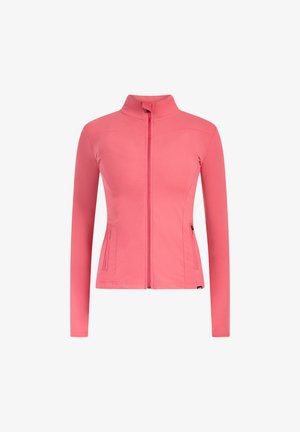 Różowa kurtka zapinana na zamek z wysokim kołnierzem, długimi rękawami, bocznymi kieszeniami oraz gładkim, elastycznym materiałem. Posiada dopasowany krój.