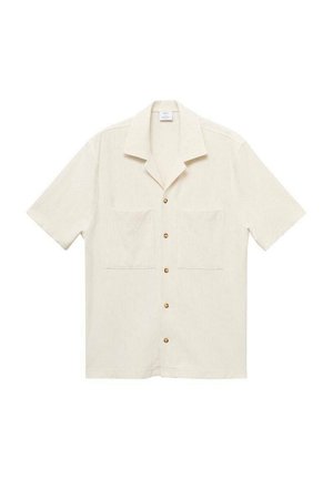Short-sleeve shirt in light cream with subtle vertical stripes, two front pockets, and wooden button closure. Smooth, lightweight fabric.