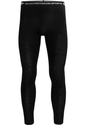 Schwarze Leggings mit glatter Oberfläche, ausgestattet mit einem breiten weißen Bund, der mit "normani OUTDOOR SPORTS" beschriftet ist. Figurbetontes Design.