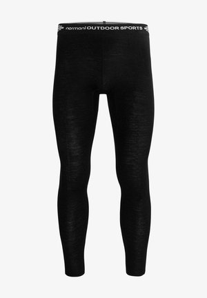 Black leggings with a smooth texture, featuring a wide white waistband labeled "normani OUTDOOR SPORTS." Form-fitting design.