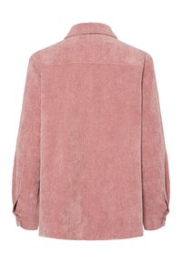 Roze corduroy overhemd met een boord, lange mouwen en een getextureerd ribbelpatroon. De achterkant heeft een rechte zoom en zijsplitten.