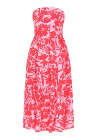 Rochie maxi fără bretele, cu un model floral în roșu pe un fundal roz, având un decolteu cu nasturi și o fustă plisată pentru un plus de volum.