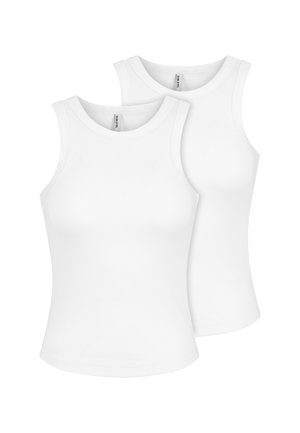 Zwei schlichte weiße ärmellose, gerippte Tanktops liegen flach, eines leicht hinter dem anderen, mit Rundhalsausschnitten und figurbetonter Form.